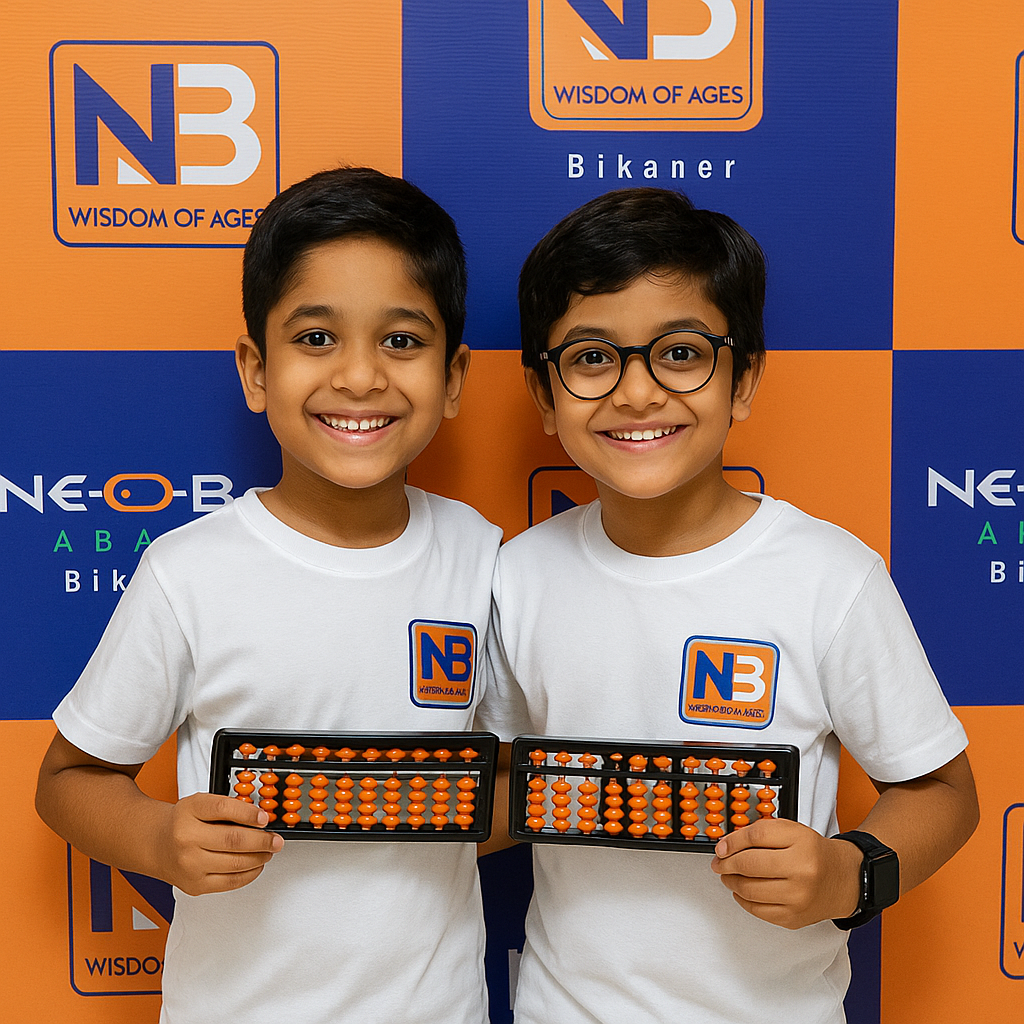 Children in abacus workshop, focused learning environment, colorful beads, instructor guiding students