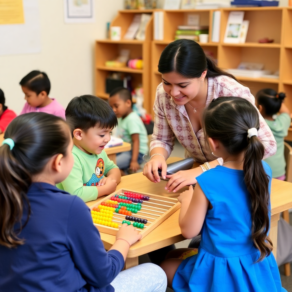 Interactive classroom setting, children learning life skills, teamwork activities, modern learning environment